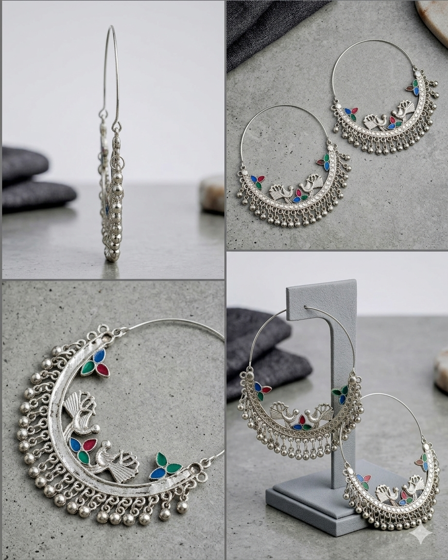 Chand Bali Oxidized Silver Ghungroo Peacock with Multicolor Stone