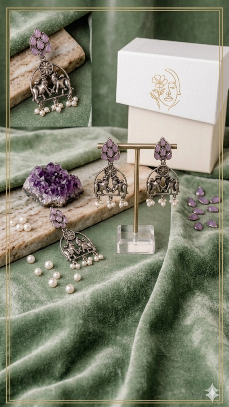Oxidized silver plated purple stone Earring