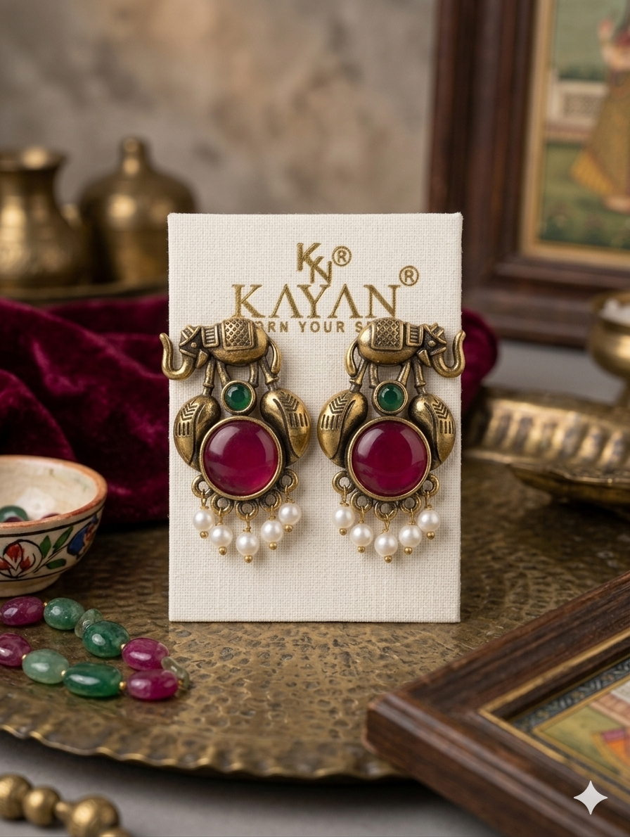 Stylish Womens Gold Elephant Design Red Stone Drop Earring For Women Traditional | Earring Set For Womens & Girls | Elegant Traditional Earrings (Pink)