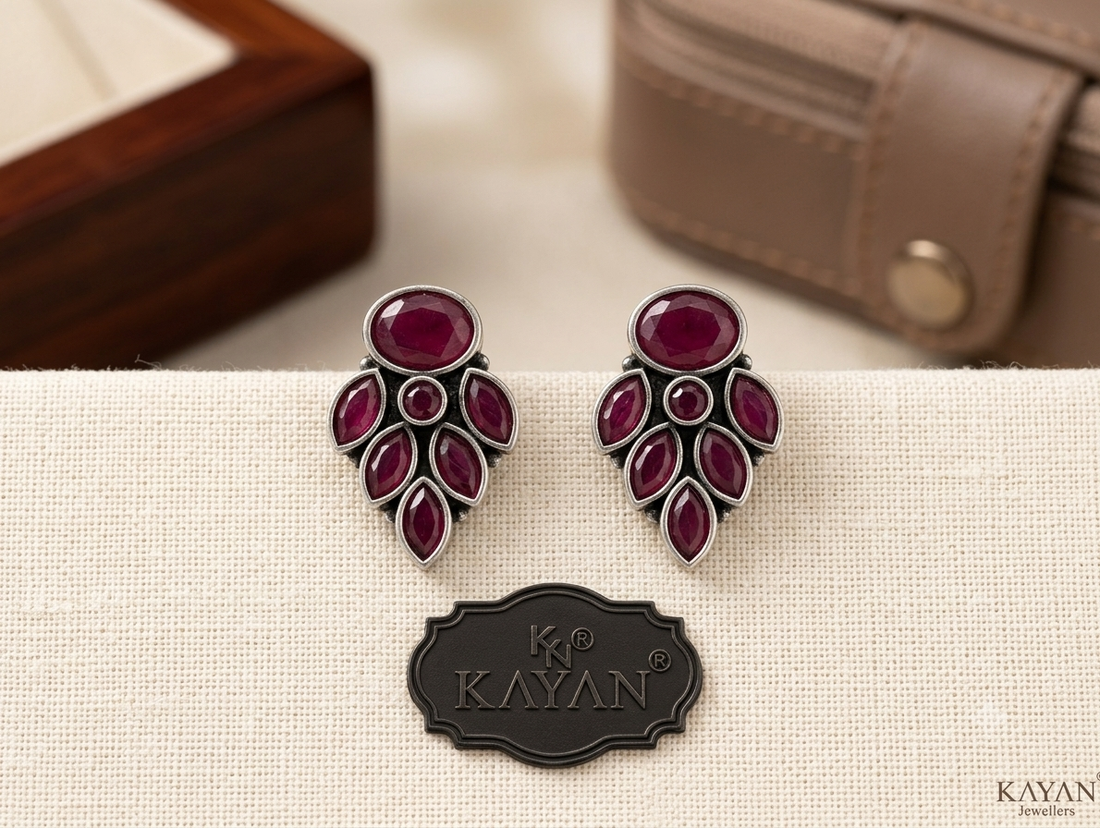 Oxidised Studs in Ruby and Sea Green Color
