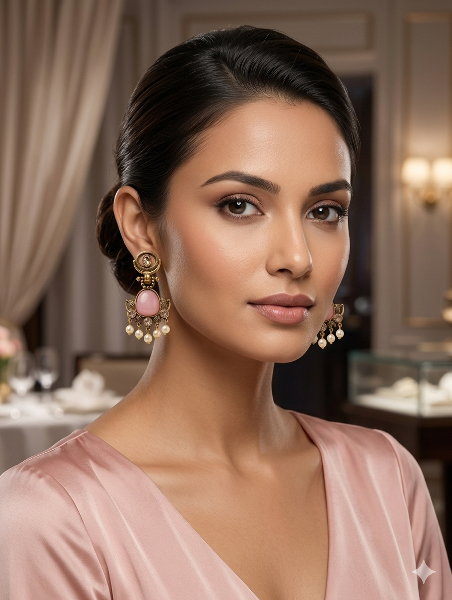 Gold-Plated Pink Stone with Pearl Handcrafted Drop Earrings