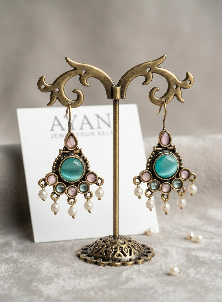 Gold Plated Traditional Drop Earrings for Women Sea Green Stone Pearl Earrings Ethnic Designer Jewellery