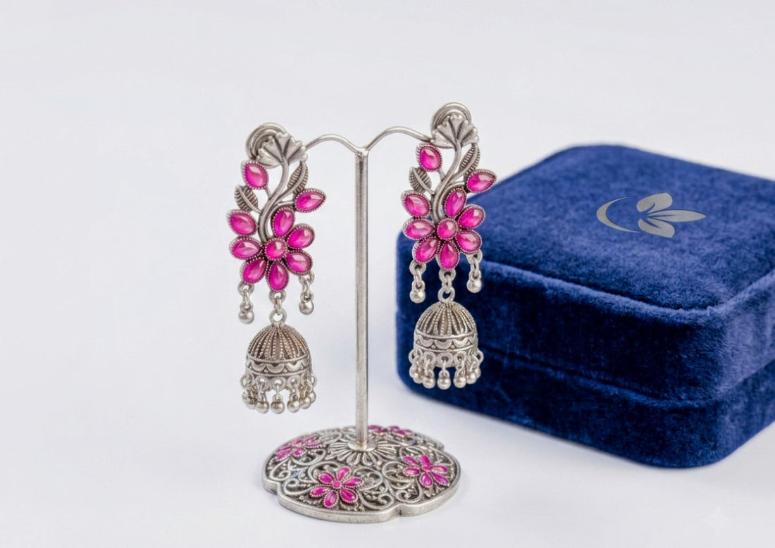 Oxidised Jhumka Pink and Black Colour