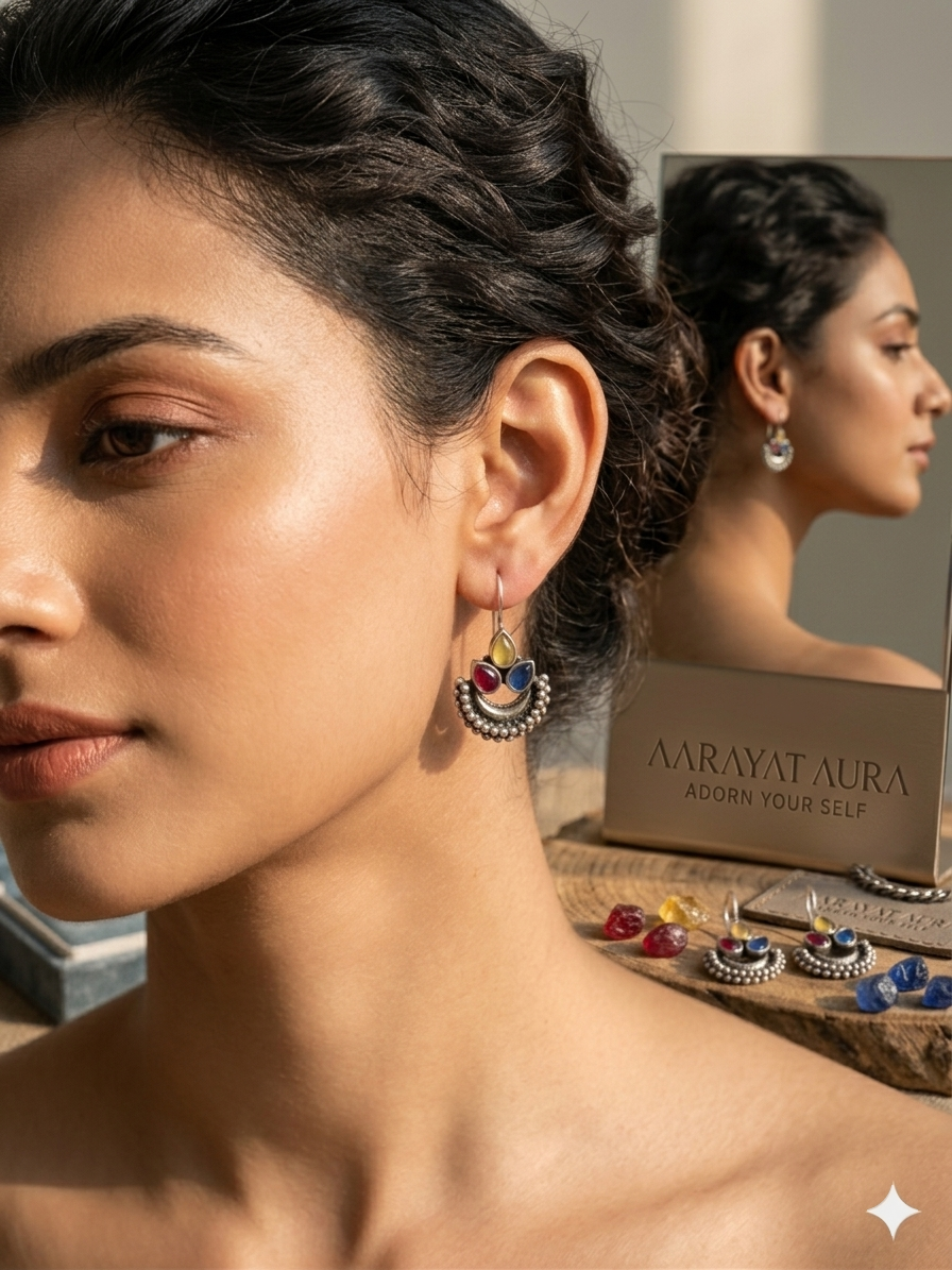 Oxidised Earrings with Flowers and Diya Design