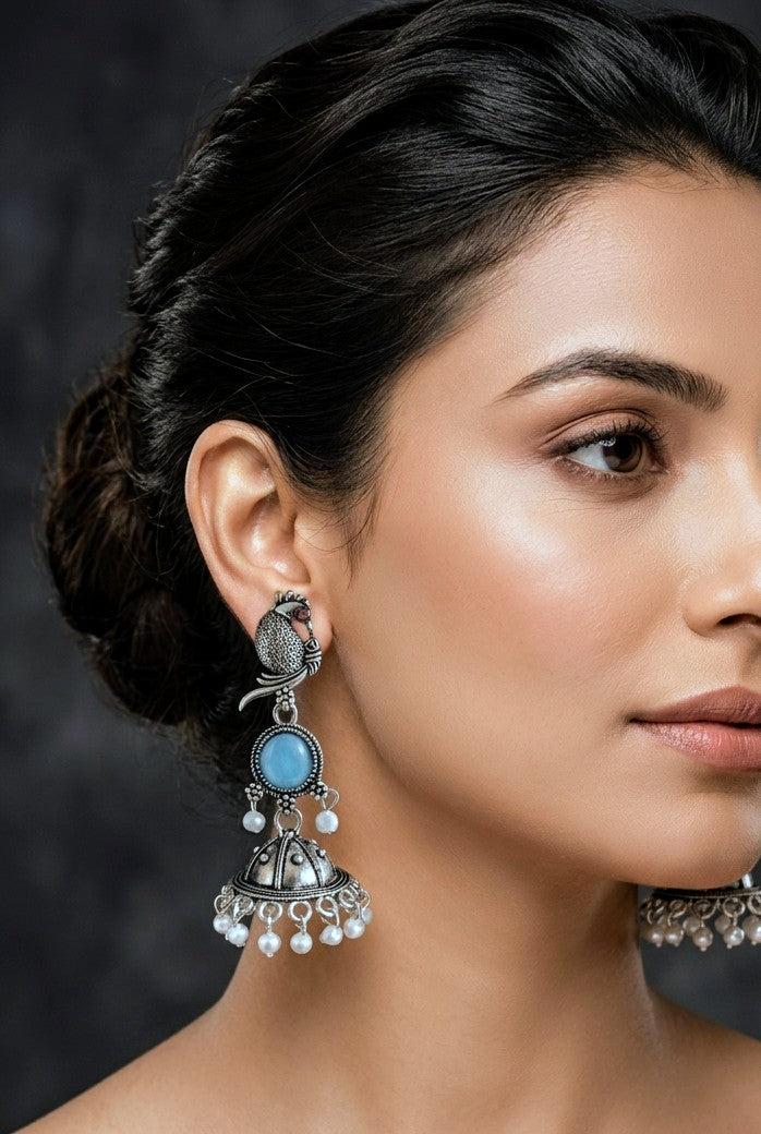 Oxidised Silver Parrot Jhumka Earrings with Turquoise Blue Stone & Pearl Drops